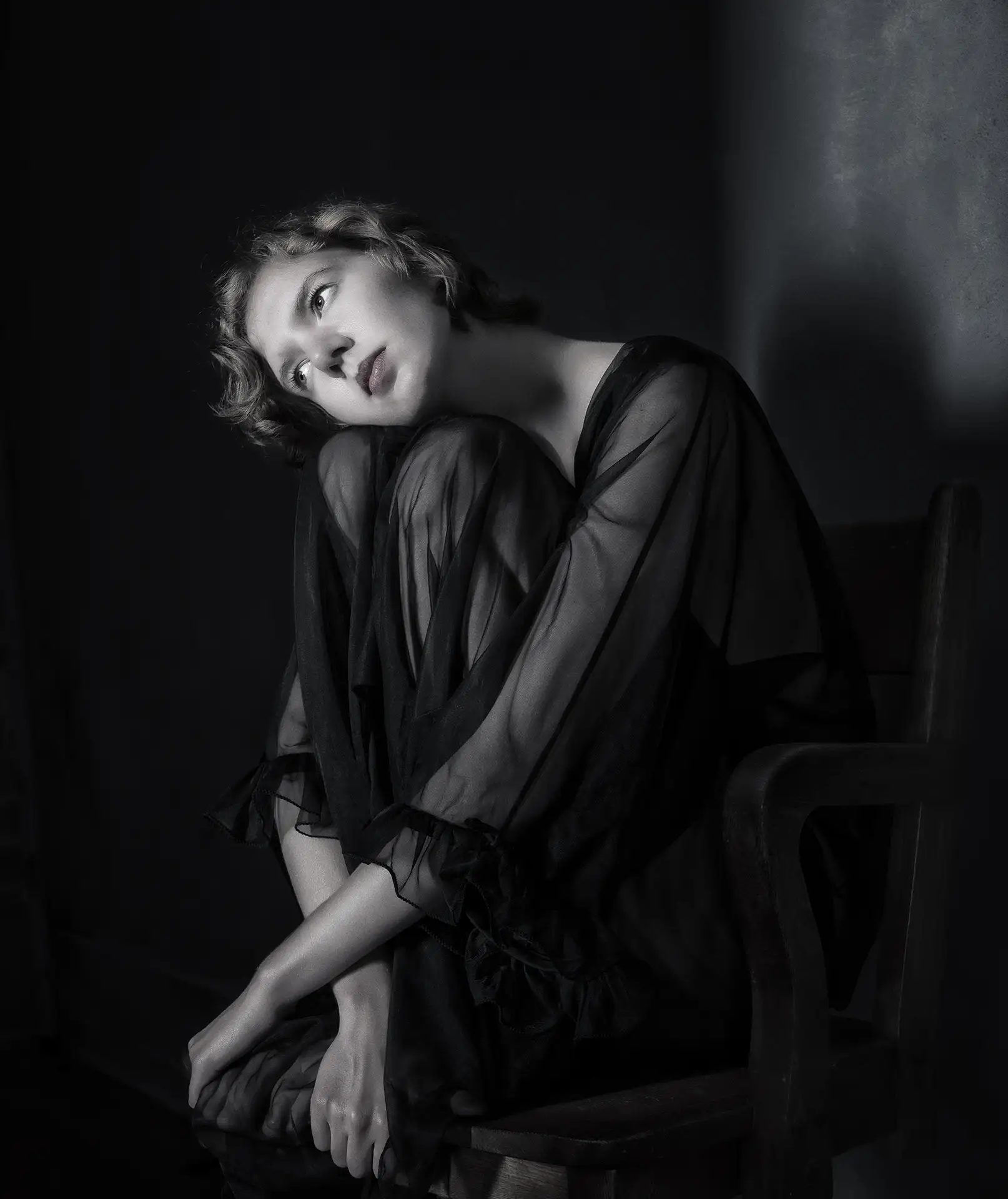 A meditative B&W studio portrait by Derek Galon FRPS.
