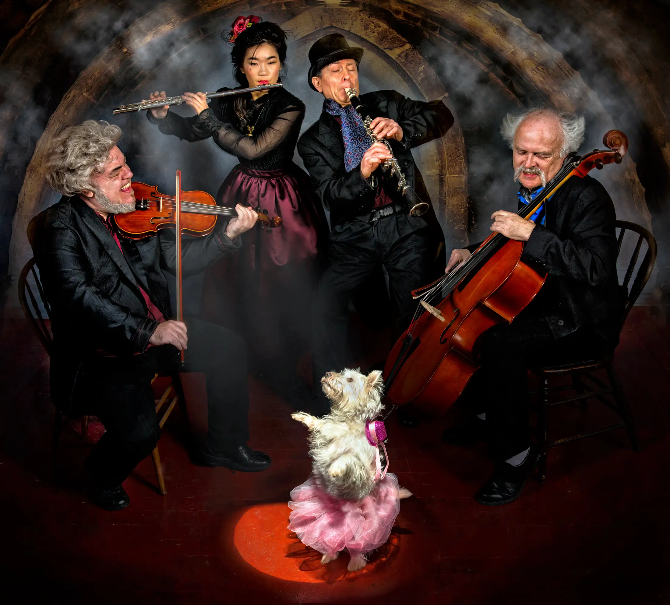 Dancing dog enjoys a quartet classical music. Animal photography, creative image by Derek Galon FRPS.