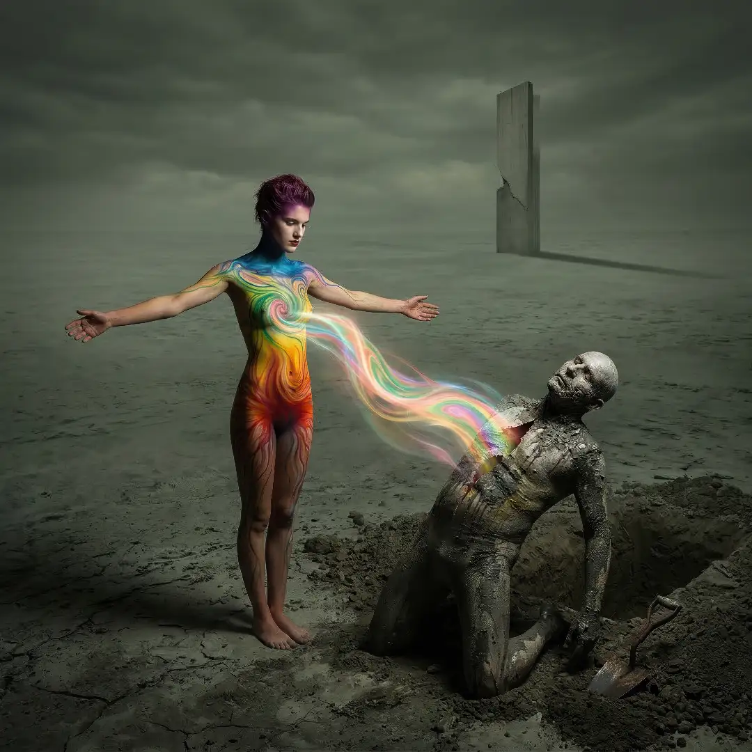 Firefly_GeminiFlash_use these creative models as they are but ok to changExhumation of the Soul - conceptual photography with digital painting pad and AI